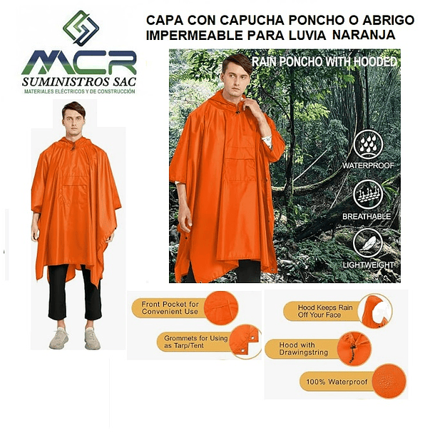 CAPA O PONCHO CON CAPUCHA PVC IMPERMEABLE PARA LLUVIA NARANJA CON BOLSILLO 