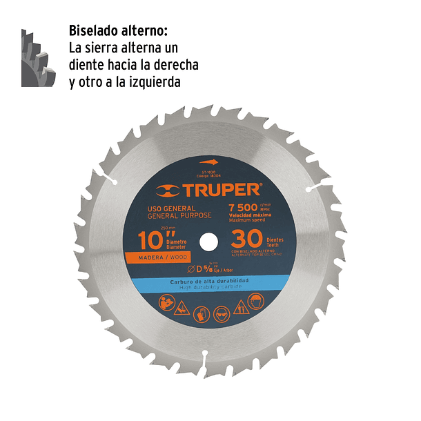 DISCO SIERRA 10” CENTRO 5/8” PARA MADERA 30 DIENTES TRUPER 2