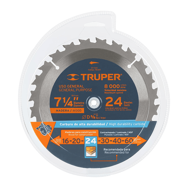 DISCO SIERRA 7 1/4” EJE 5/8” PARA MADERA 24 DIENTES TRUPER 3