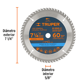 DISCO SIERRA 7 1/4” EJE 5/8” PARA MADERA 60 DIENTES TRUPER