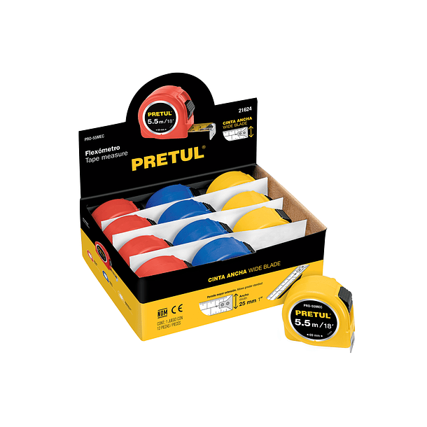 WINCHA EN DISPLAY BOX 12 PIEZAS 5.5 METROS 25mm PRETUL 1