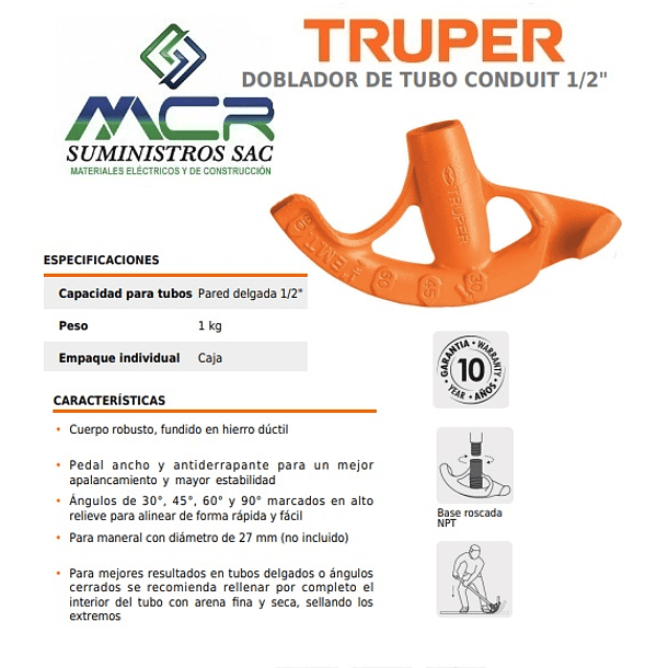 DOBLADOR DE TUBO CONDUIT DE 1/2 pulgada TRUPER CON PALANCA 2