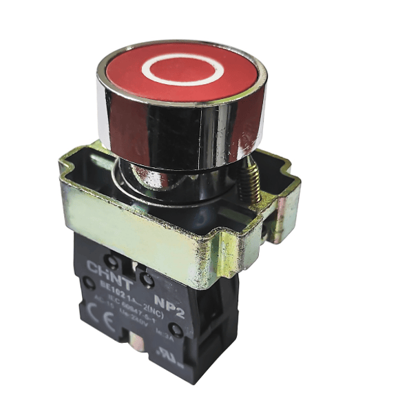 INTERRUPTOR DE BOTON O PULSADOR METALICO RASANTE ROJO (SIMBOLO -0 BLANCO) Ø22Mm 1NC 1