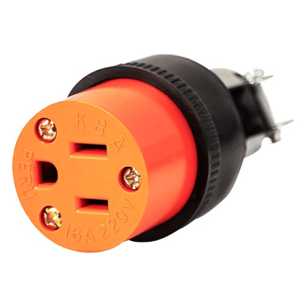 CONECTOR AÉREO 16AMP, 220V, ABRAZADERA METALICA POLO A TIERRA. 