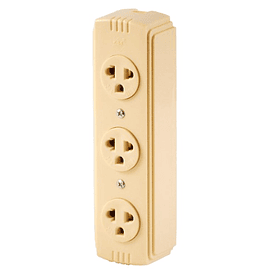 TOMACORRIENTE DE SOBREPONER MOD. UNIVERSAL 3 SERVICIOS 20AMP, 220V, L/T COLOR MARFIL.
