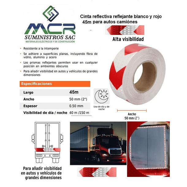 Cinta reflectiva reflejante flecha rojo y blanco 45m para autos camiones  2