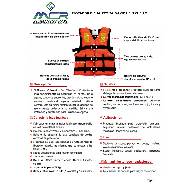 FLOTADOR O CHALECO SALVAVIDA SIN CUELLO COLOR NARANJA (ADULTO) 4