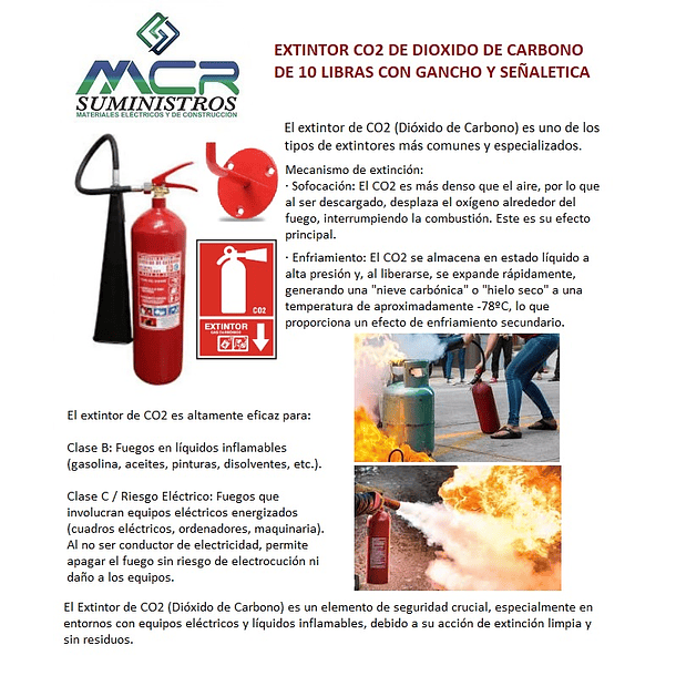 EXTINTOR CO2 DE DIOXIDO DE CARBONO DE 10 LIBRAS CON GANCHO Y SEÑALETICA 2