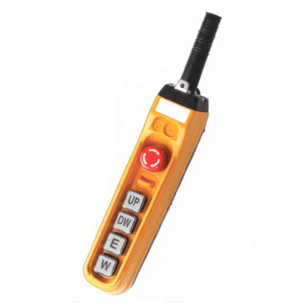 BOTONERA DE CONTROL PARA POLIPASTO Y ELEVACION, 4 BOTONES + PULSADOR, BLOQUEO, REINICIO. 