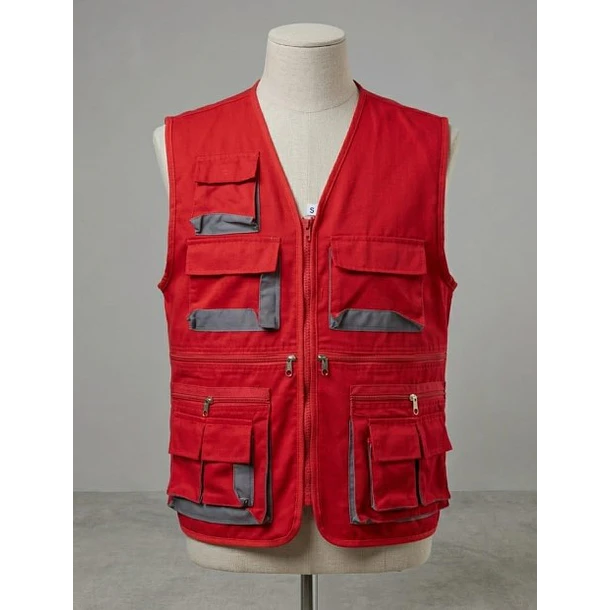 CHALECO DRILL ROJO, MULTIBOLSILLO REFORZADO PARA TRABAJO PESADO. 