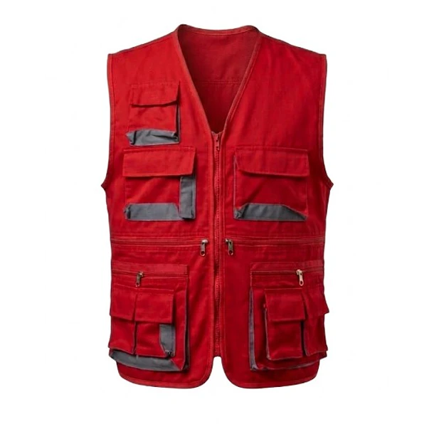 CHALECO DRILL ROJO, MULTIBOLSILLO REFORZADO PARA TRABAJO PESADO. 