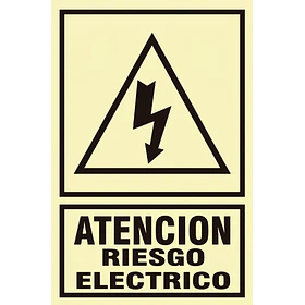 Señal fotoluminiscente o fluorescente 20X30cm con base o soporte de PVC, ATENCION RIESGO ELECTRICO