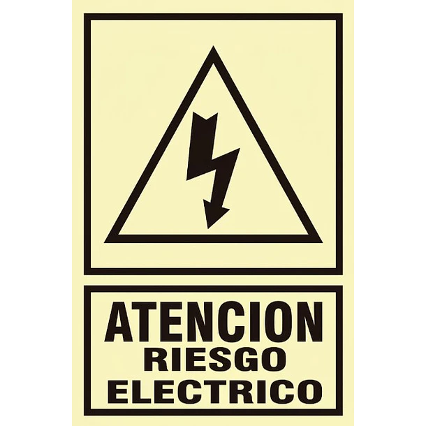 Señal fotoluminiscente o fluorescente 20X30cm con base o soporte de PVC, ATENCION RIESGO ELECTRICO 