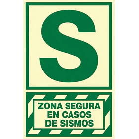 Señal fotoluminiscente o fluorescente 20X30cm con base o soporte de PVC, ZONA SEGURA EN CASO DE SISMO