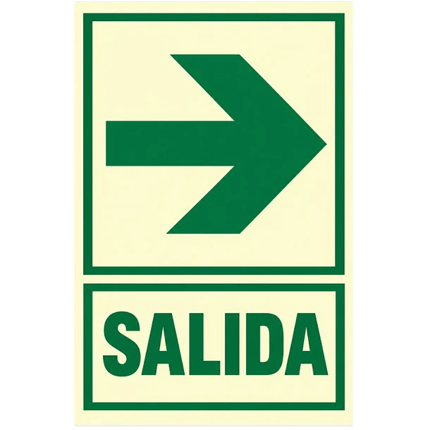 Señal fotoluminiscente o fluorescente 20X30cm con base o soporte de PVC, SALIDA (FLECHA DERECHA) 