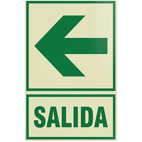 Señal fotoluminiscente o fluorescente 20X30cm con base o soporte de PVC, SALIDA (FLECHA IZQUIERDA)