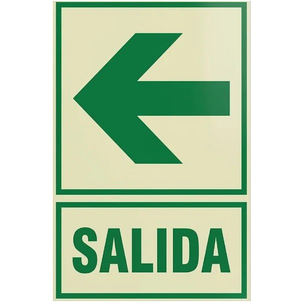 Señal fotoluminiscente o fluorescente 20X30cm con base o soporte de PVC, SALIDA (FLECHA IZQUIERDA) 