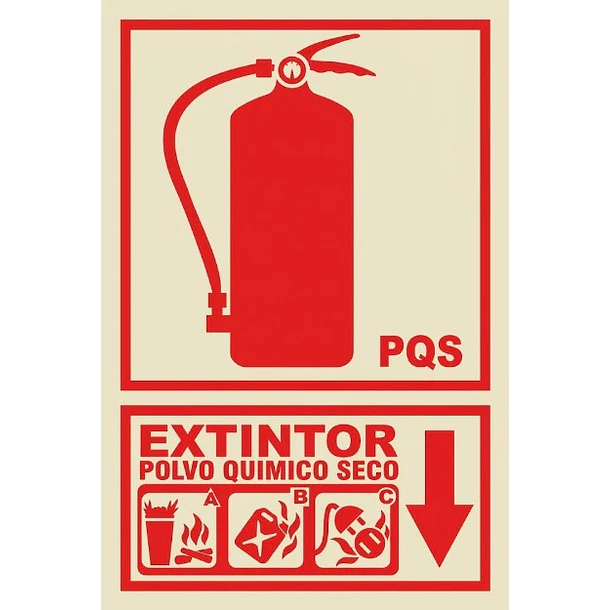 Señal fotoluminiscente o fluorescente 20X30cm con base o soporte de PVC, EXTINTOR PQS 