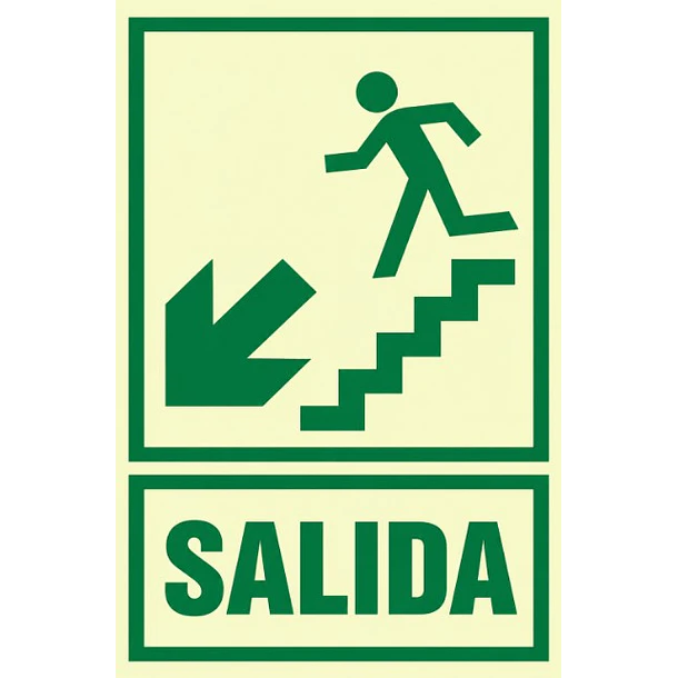 Señal fotoluminiscente o fluorescente 20X30cm con base o soporte de PVC, SALIDA ESCALERA BAJA IZQUIERDA 