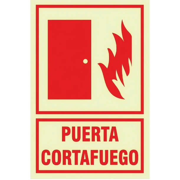 Señal fotoluminiscente o fluorescente 20X30cm con base o soporte de PVC, PUERTA CORTAFUEGO 