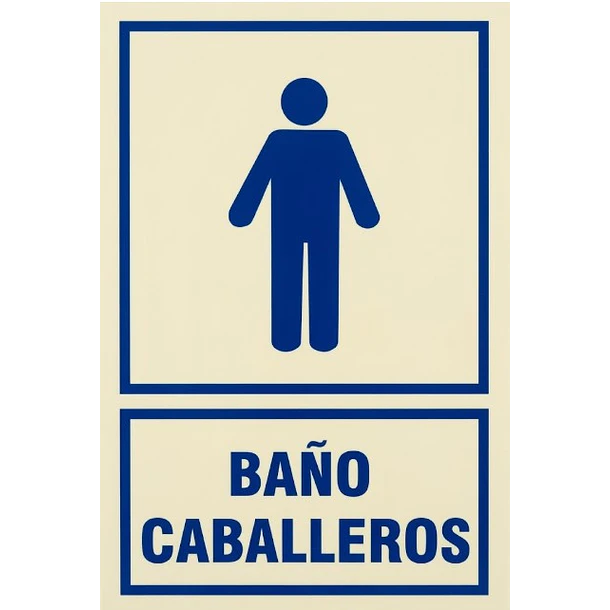Señal fotoluminiscente o fluorescente 20X30cm con base o soporte de PVC, BAÑO CABALLEROS 