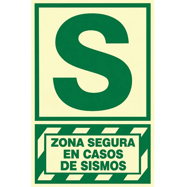 Señal de ZONA SEGURA EN CASO DE SISMO 20x30cm FOTOLUMINISCENTE O Fluorescente autoadhesivo 