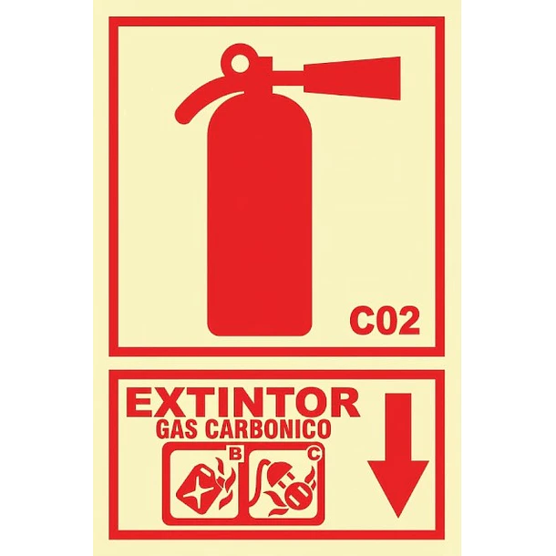 Señal de EXTINTOR CO2 20x30cm FOTOLUMINISCENTE O Fluorescente autoadhesivo 