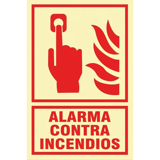 Señal de ALARMA CONTRA INCENDIO(PULSADOR) 20x30cm FOTOLUMINISCENTE O Fluorescente autoadhesivo 