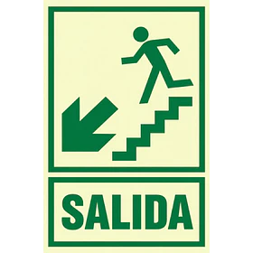 Señal de SALIDA ESCALERA BAJA IZQUIERDA 20x30cm FOTOLUMINISCENTE O Fluorescente autoadhesivo