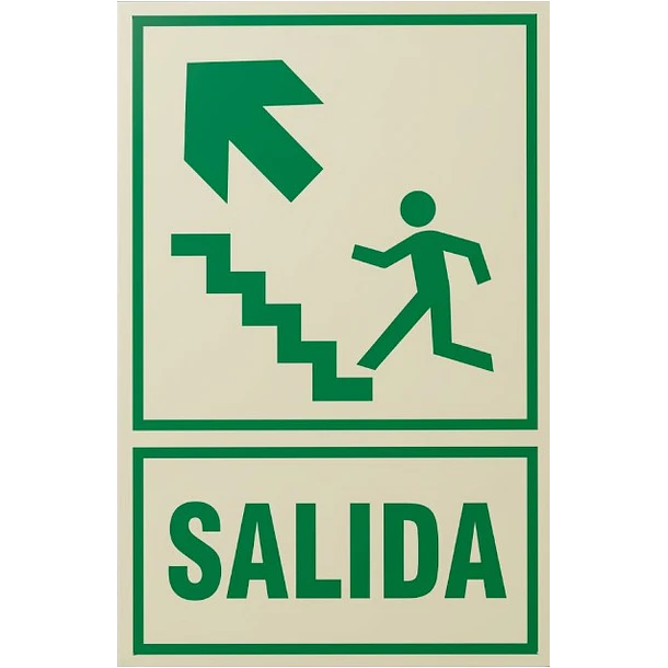 Señal de SALIDA ESCALERA SUBIDA ESCALERA IZQUIERDA 20x30cm FOTOLUMINISCENTE O Fluorescente autoadhesivo 