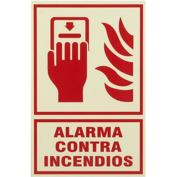 Señal de ALARMA CONTRA INCENDIO (PALANCA) 20x30cm FOTOLUMINISCENTE O Fluorescente autoadhesivo 