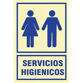 Señal de SERVICIOS HIGIENICOS 20x30cm FOTOLUMINISCENTE O Fluorescente autoadhesivo