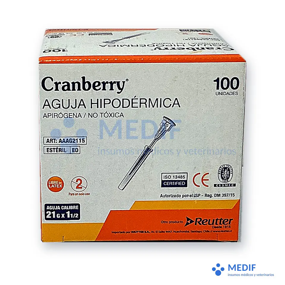 Aguja hipodérmica 21G x 11/2 pulg. (caja 100) 1