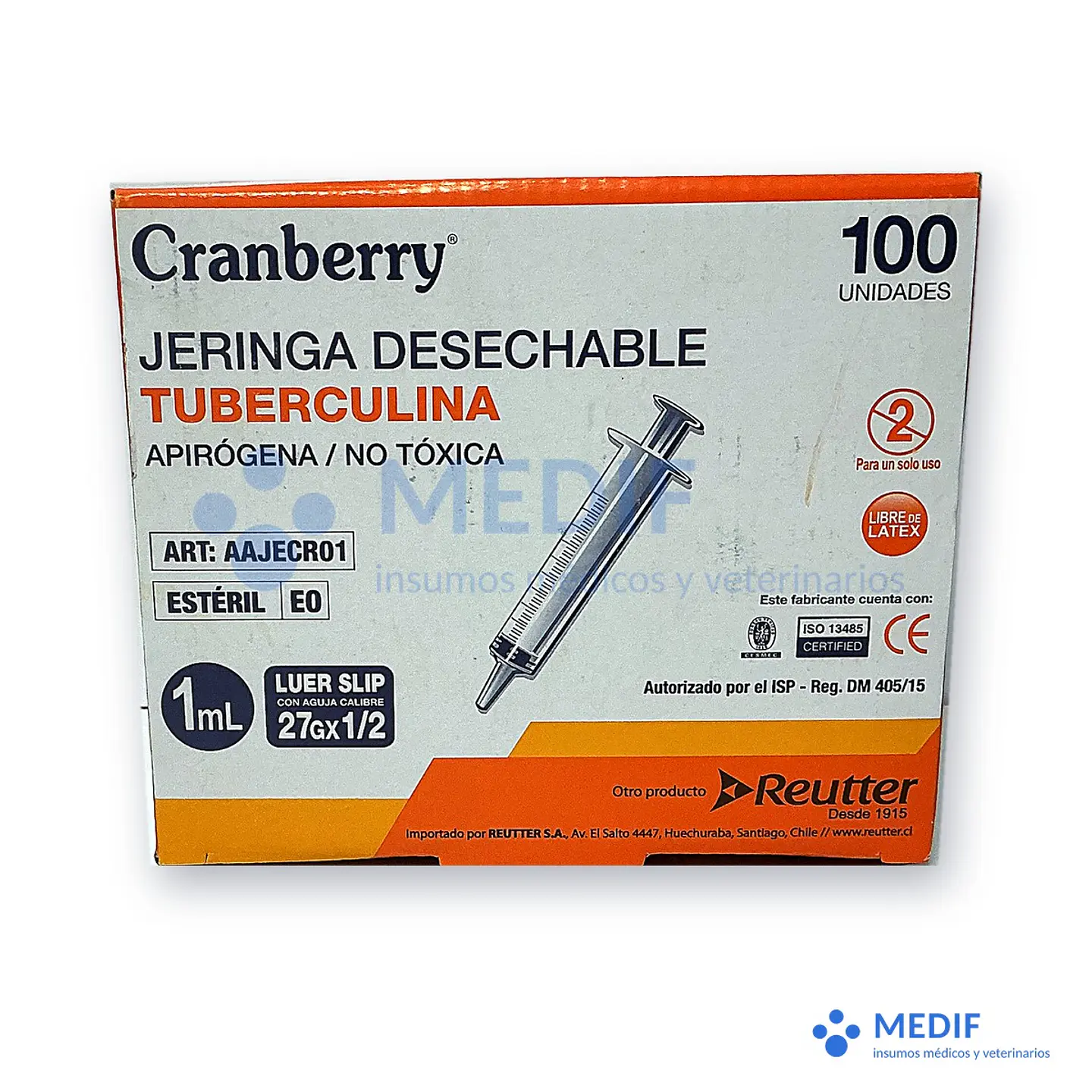 Jeringa tuberculina 1 mL con aguja 27G x 1/2 pulg. (caja 100) 1