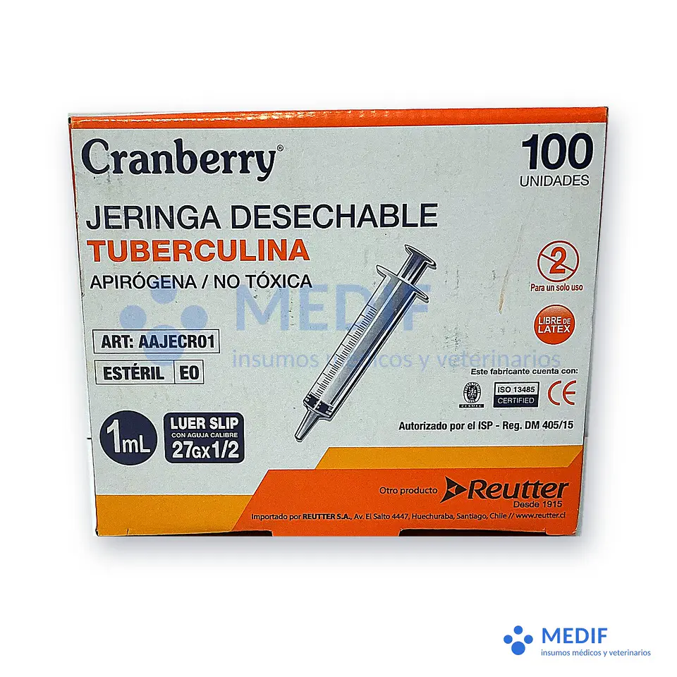 Jeringa tuberculina 1 mL con aguja 27G x 1/2 pulg. (caja 100) 1