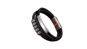 Pulseira masculina de Aço e couro trançado com detalhes tribais