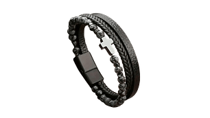 Pulseira masculina de couro e pedra multicamadas com pingente de cruz