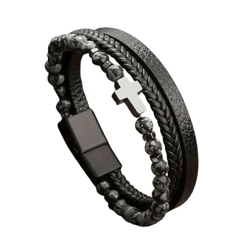 Men's Multi-Layer Leather and Stone Bracelet with Cross Charm