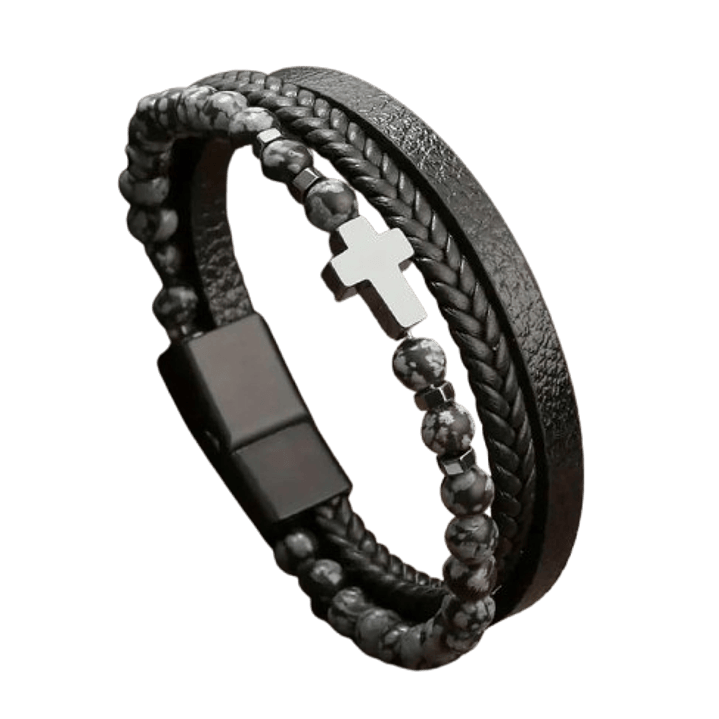 Men's Multi-Layer Leather and Stone Bracelet with Cross Charm