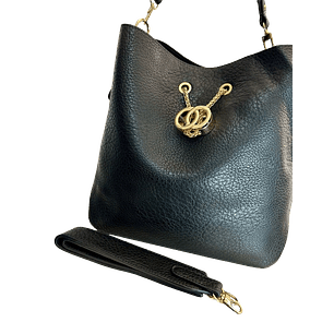 Elegant Black Bucket Bag with Gold Chain Detail