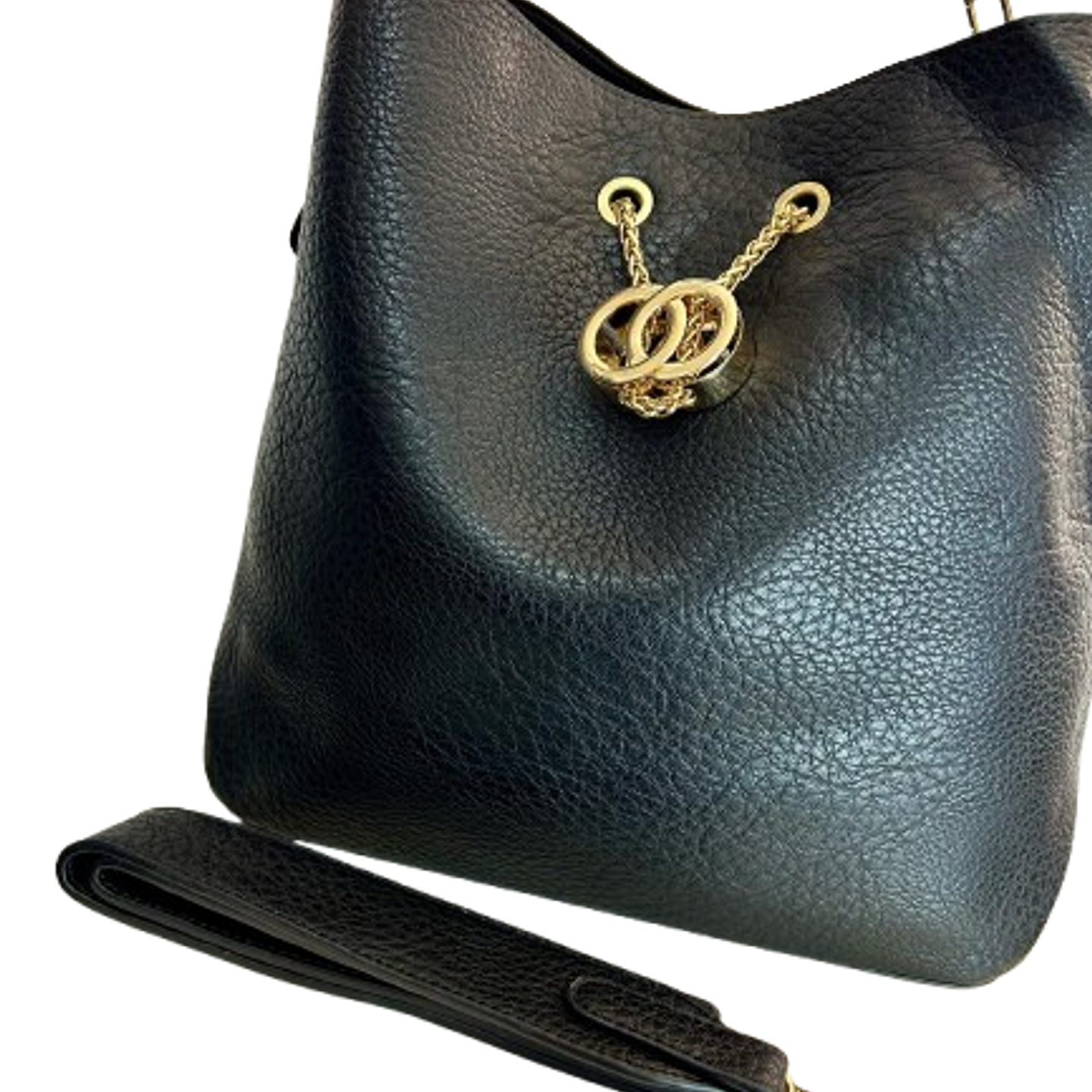 Elegant Black Bucket Bag with Gold Chain Detail 1