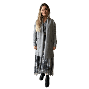 Grey Button-Accent Long Cardigan