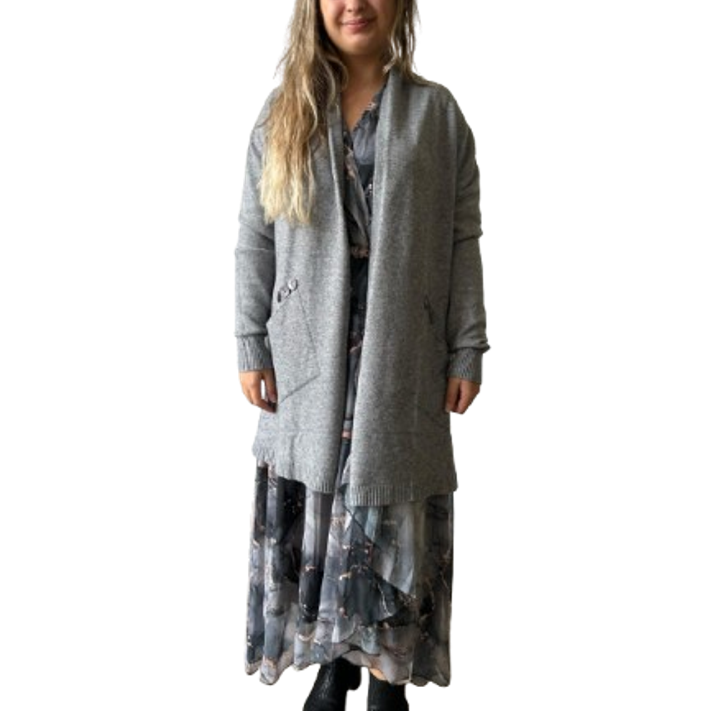 Grey Button-Accent Long Cardigan 2