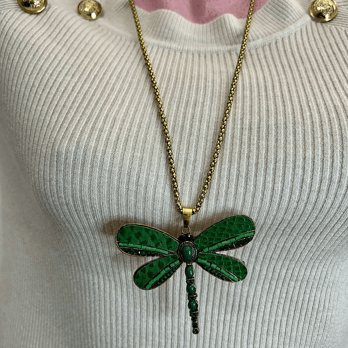 Long Dragonfly Necklace - Gold with Green Details 4