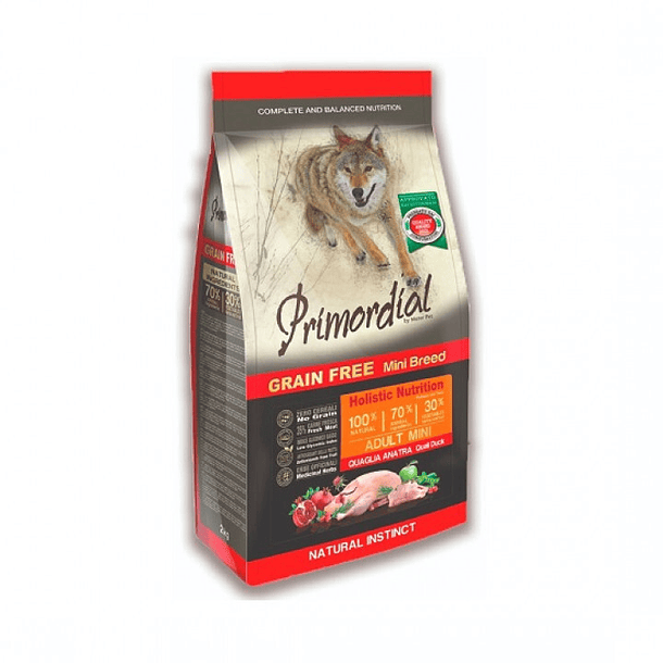 Primordial Sem Cereais Codorniz e Pato p/Adulto Mini 2kg