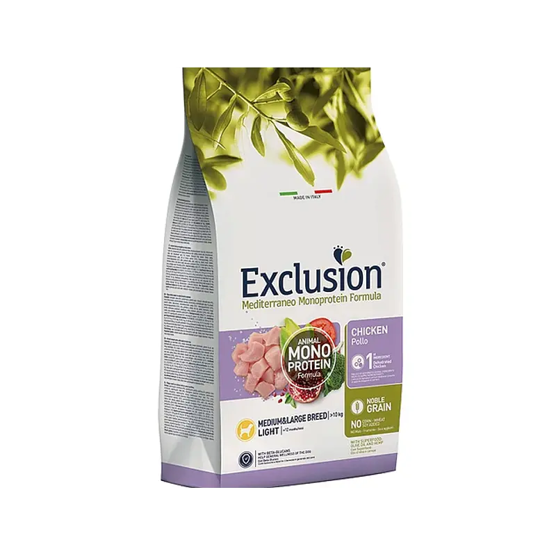Exclusion Noble Grain Light p/Adulto Médio/Grande 12kg