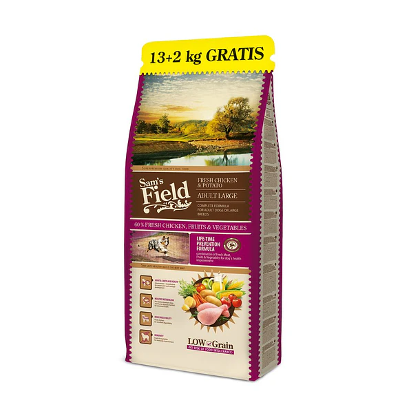Sam's Field Ração Cão Adulto Para Raças Grandes Low Grain Frango & Batata 13Kg + 2Kg Grátis