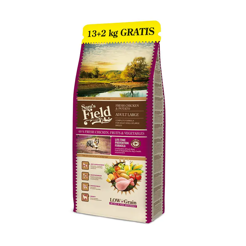 Sam's Field Ração Cão Adulto Para Raças Grandes Low Grain Frango & Batata 13Kg + 2Kg Grátis