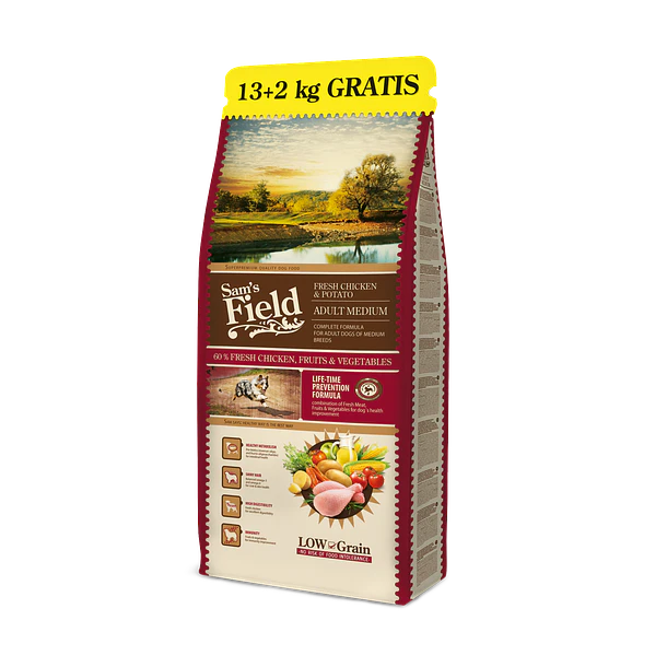 Sam's Field Low Grain Frango e Batata p/Adulto Médio 13Kg + 2Kg Grátis 