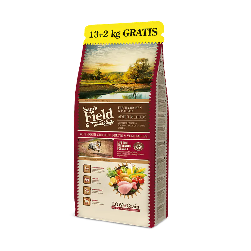 Sam's Field Low Grain Frango e Batata p/Adulto Médio 13Kg + 2Kg Grátis 
